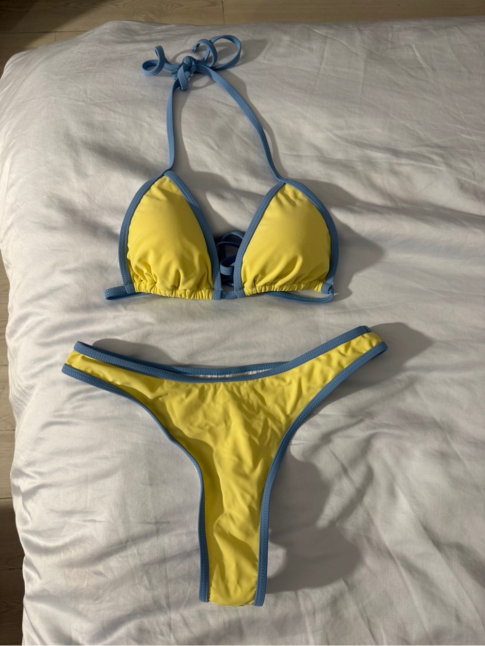 Bright Yellow & Baby Blue Trim String Tie Bikini Set